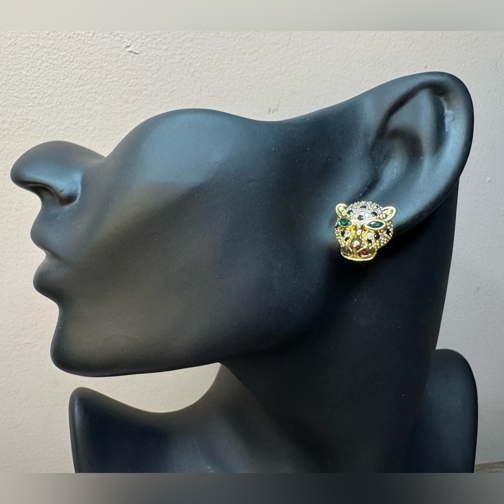 Adina Eden Gold and CZ Cheetah Earrings with Green jeweled Eyes.